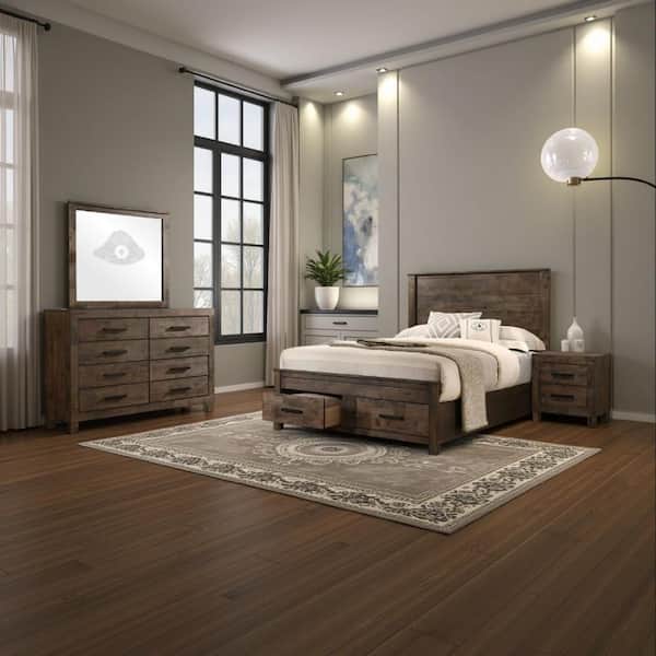Frio 4-Piece Golden Brown Wood Queen Size Bedroom Set with Storage