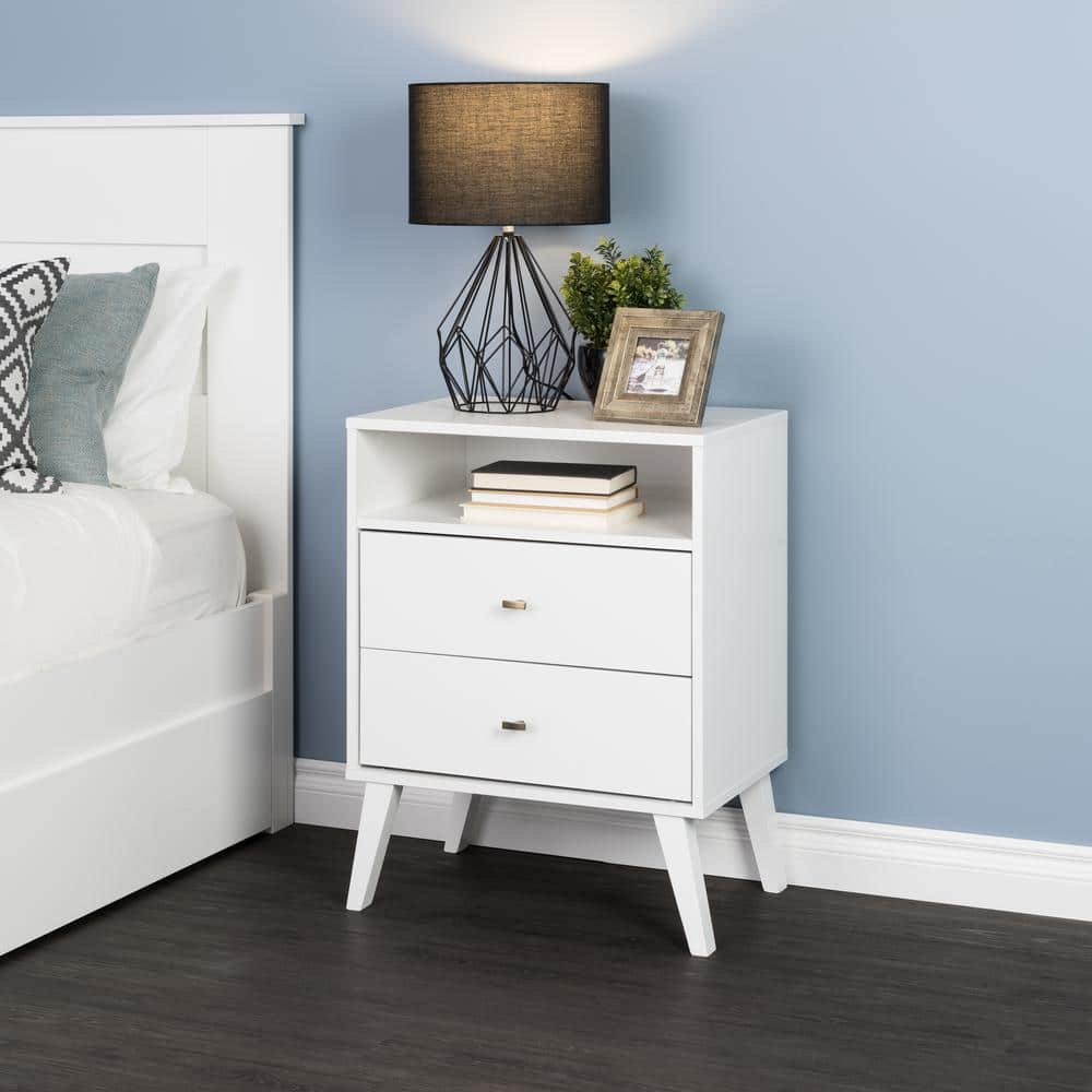 White Mid Century Modern 2 Drawer Nightstand with Shelf