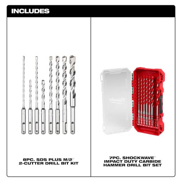 2 Cutter SDS Plus Carbide Hammer Drill Bit Set w/SHOCKWAVE Carbide Hammer Drill Bit Kit (15-Piece)