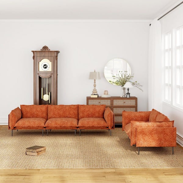 Modern 5-Piece Orange Cloud Velvet Living Room Set with Comfort Deep Seat, Metal High Legs for Robot Vacuum