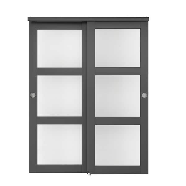 CALHOME 60 in. x 80 in. 3-Lite Frosted Tempered Glass Sliding Double Bypass Closet Doors with Installation Hardware Kit