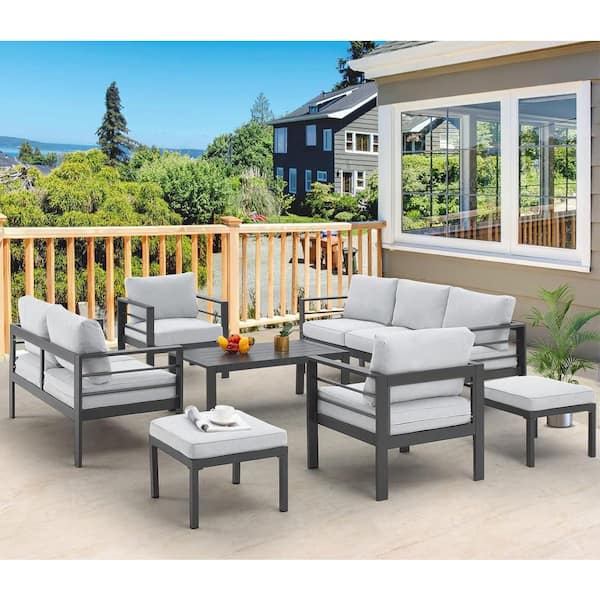 Sudzendf Black 7-Piece Aluminum Patio Conversation Set with Grey Cushions, Coffee Table and Stool for Garden, Backyard