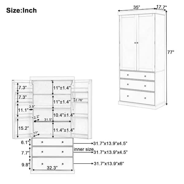 Gray 77 in. Accent Cabinet, Pantry Cabinet with 3 Adjustable Shelves, 8 Door Shelves, 3 Drawers