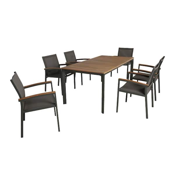 Fiddle Gray 7-Piece Aluminum Outdoor Patio Dining Set with Wood Table Top