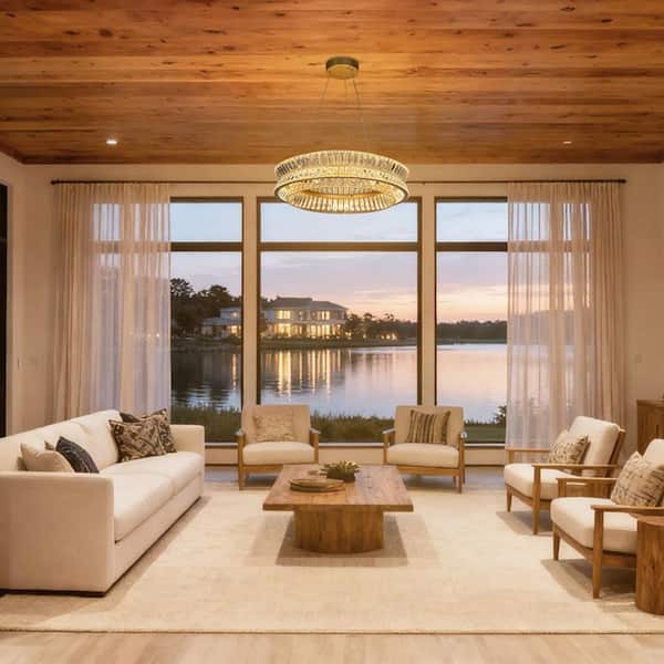 1-Light Integrated LED Gold Wagon Wheel Chandelier for Dining Room