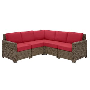 Laguna Point 5-Piece Brown Wicker Outdoor Patio Sectional Sofa Set with CushionGuard Chili Red Cushions