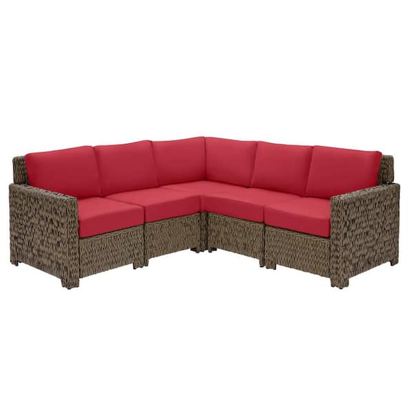 Hampton Bay Laguna Point 5-Piece Brown Wicker Outdoor Patio Sectional Sofa Set with CushionGuard Chili Red Cushions