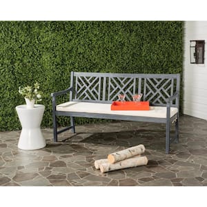 Bradbury 60.6 in. 3-Person Ash Gray Acacia Wood Outdoor Bench with Beige Cushions