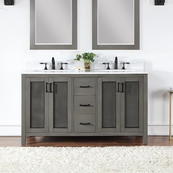 Altair Hadiya 60 in. W x 22 in. D x 34 in. H Bath Vanity in Gray Pine with Carrara White Composite Stone Top