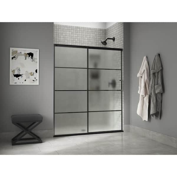 KOHLER Elate Tall 56-60 in. W x 76 in. H Sliding Frameless Shower Door in Matte Black with Thick Frosted Glass