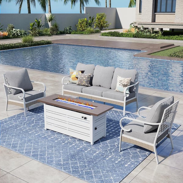 PHI VILLA White 4-Piece Metal Outdoor Patio Conversation Seating Set with 50000 BTU Propane Fire Pit Table and Gray Cushions
