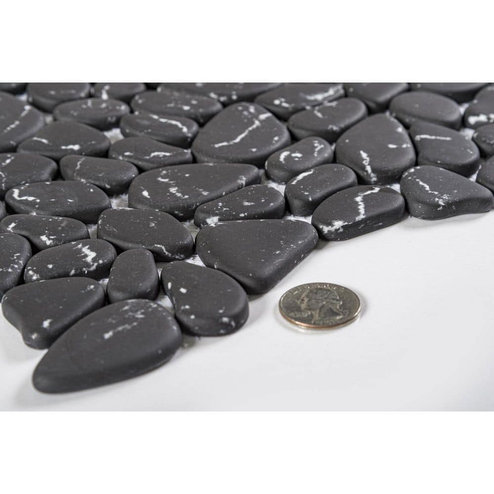 Zen Black Pebble Stone Look Matte Glass Mosaic Tile