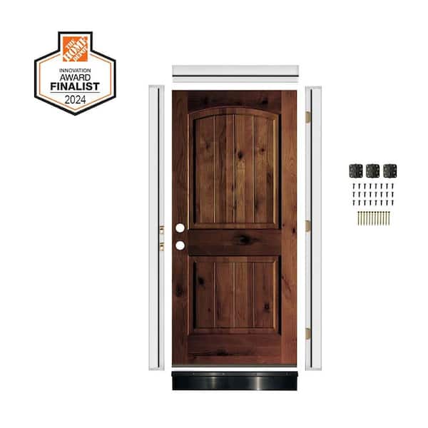 DIY RTA KIT 36in.x80in. Alder 2Panel Right-Hand/Inswing Arch Top VG Red Mahogany Stain Wood Ready To Assemble Front Door