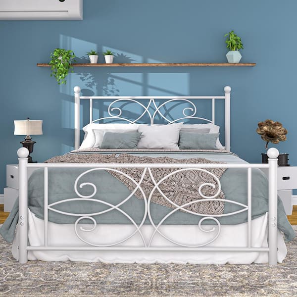 VECELO Victorian Style Bed White Metal Frame Queen Platform Bed with Headboard and Footboard, Heavy Duty Mattress Foundation