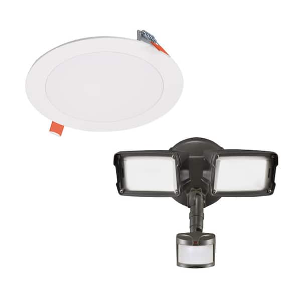 HALO 6 in.Selectable New Construction/Remodel Recessed Integrated LED Kit & Bronze Motion Activated Twin Head LED Flood Light