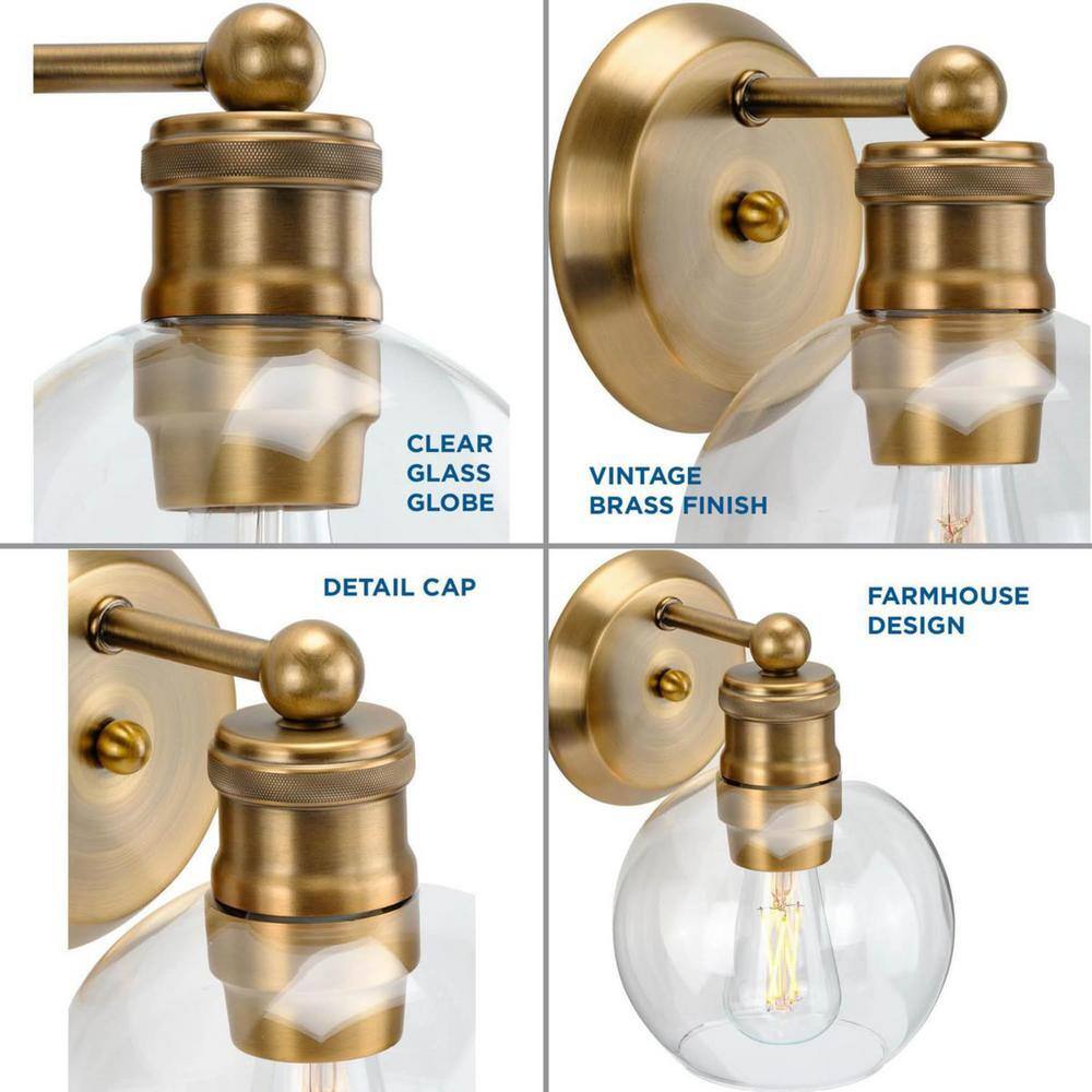 Hansford Vintage Brass Clear Globe Glass Bath Vanity Light