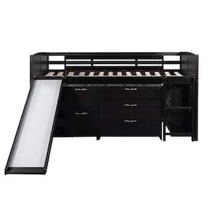 Espresso Twin Size Low Loft Bed with Cabinets and Shelves