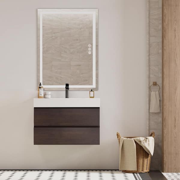 NOBLE 30 in. W x 18 in. D x 25 in. H Single Sink Floating Bath Vanity in Wood with White Solid Surface Integral Top