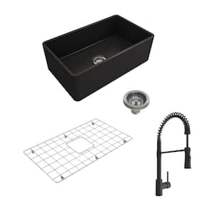 Classico Matte Black Fireclay 30 in. Single Bowl Farmhouse Apron Front Kitchen Sink withFaucet