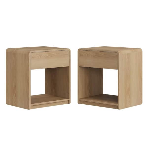 2-pieces Oak Nightstands with Storage Drawers and Open Shelves,Bedside Table Set with Round Corners,Compact End Table