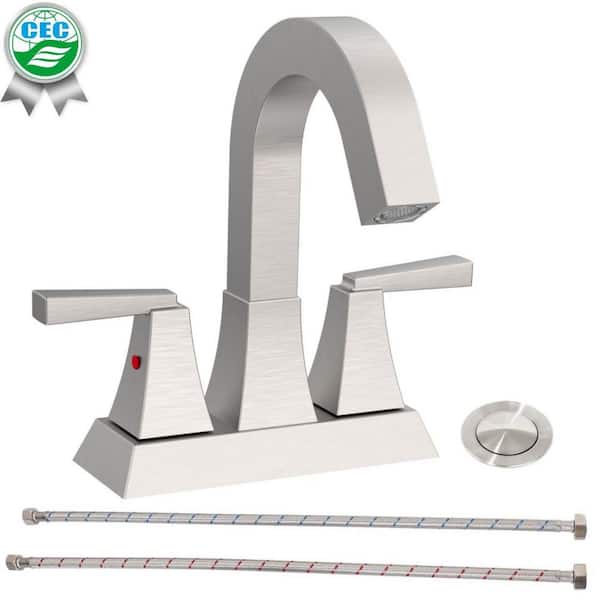 waterpar 4 in. Centerset Double Handle Bathroom Sink Faucet with Overflow Hole and Supply Lines in Brushed Nickel