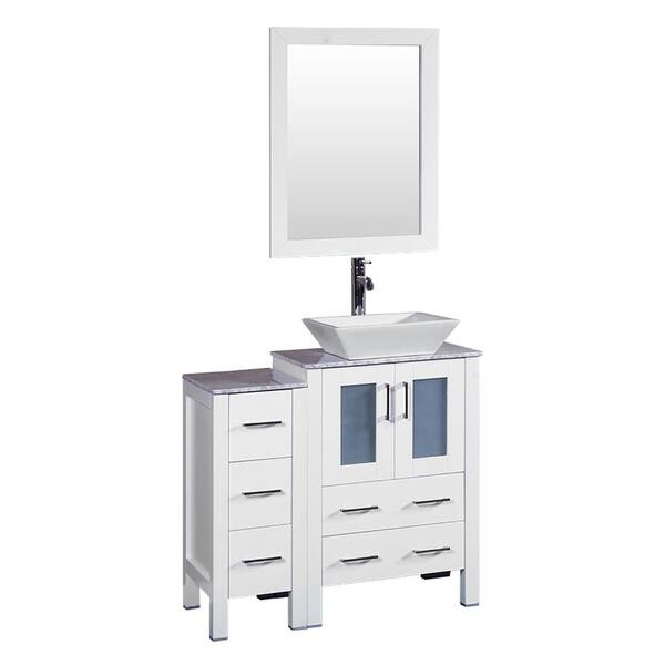 Bosconi 36 in. W Single Bath Vanity in White with Carrara Marble Vanity Top with White Basin and Mirror