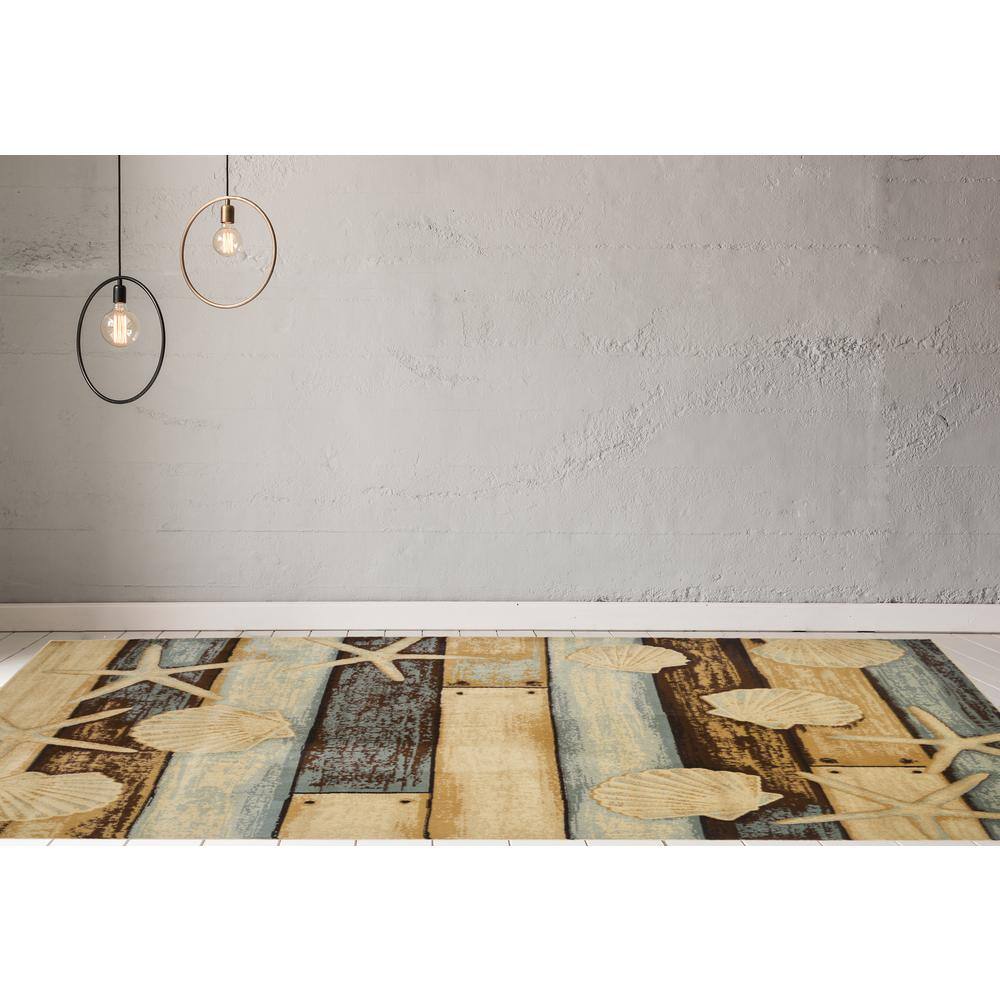 Coastal Blue and Beige Synthetic Rectangular Area Rug