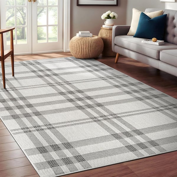 Phigvel タオル生地ラグ フィグベル Beverly Rug Coastal Gray/Beige 8 ft. x 10 ft. Plaid Washable Easy