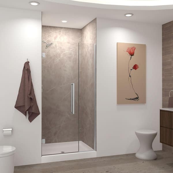 Transolid Elizabeth 36.5 in. W x 76 in. H Hinged Frameless Shower Door in Brushed Stainless with Clear Glass