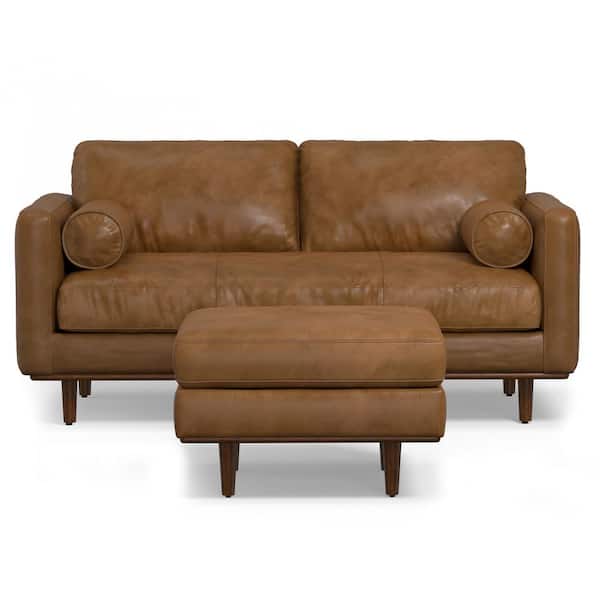 Morrison 72 inch in. Straight Arm Genuine Faux Leather Mid-Century Modern Rectangle Wide Sofa Set in. Caramel Brown