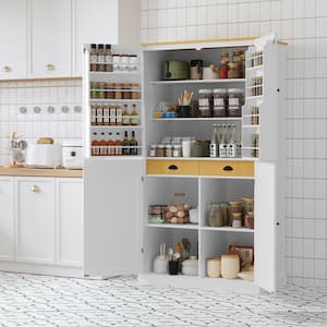 White Wood Pantry Organizer, Large Cupboard Storage Cabinet with 2-Drawers, 2-Adjustable Shelves, 8-Door Shelves