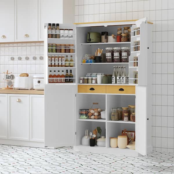White Wood Pantry Organizer, Large Cupboard Storage Cabinet with 2-Drawers, 2-Adjustable Shelves, 8-Door Shelves