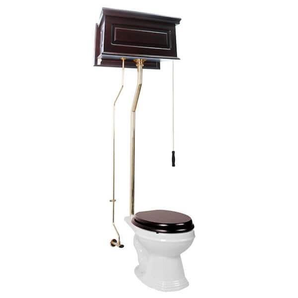 RENOVATORS SUPPLY MANUFACTURING Hardwick High Tank 2-Piece 1.6 GPF Elongated Bowl Toilet in White Single Flush Dark Oak Tank and Pipe Seat not Included