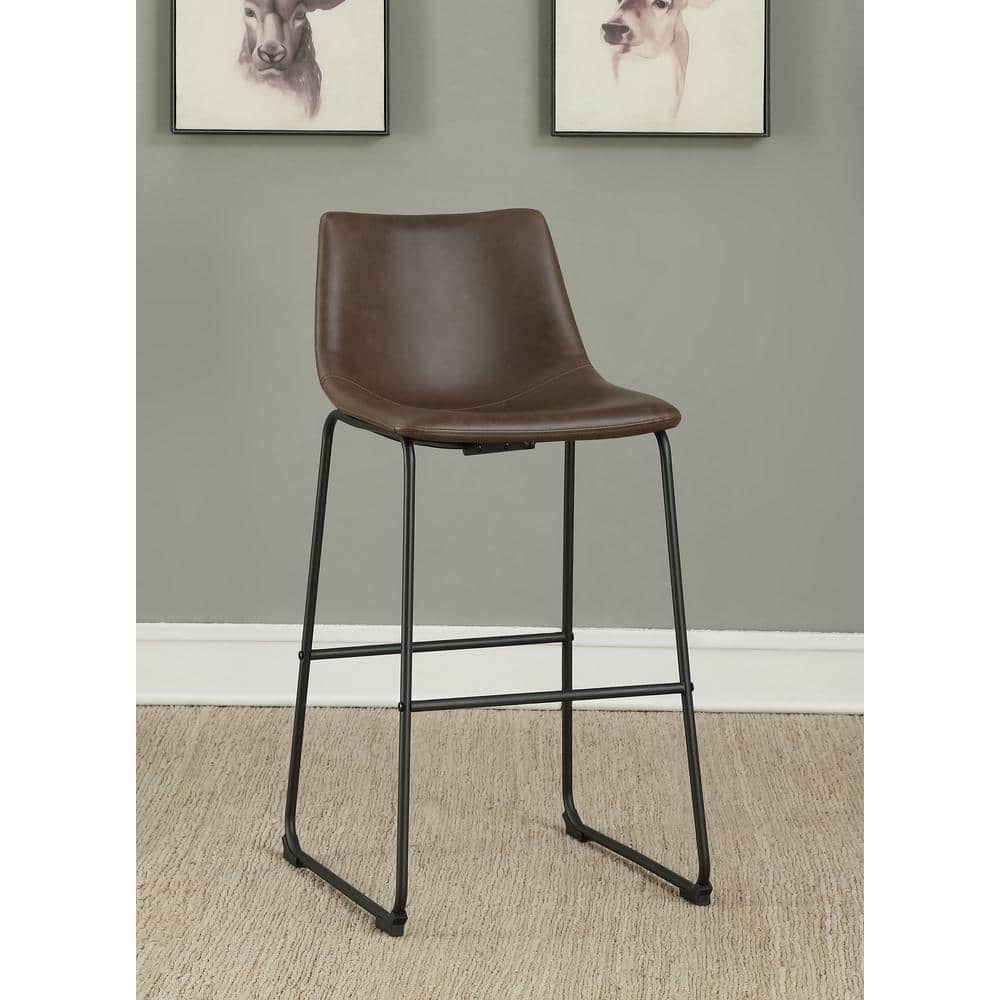 Brown Leather and Black Metal Industrial Bar Stools, Set of 2