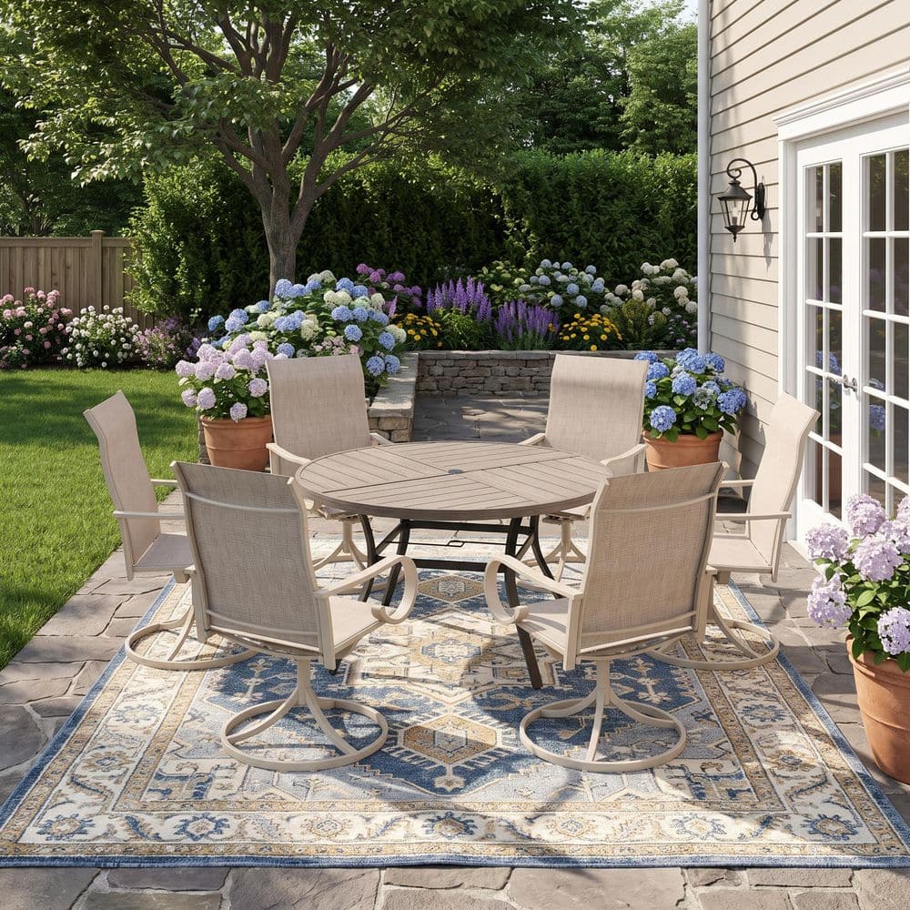 7-Piece Metal Outdoor Dining Set with 50 in. Gray Wood-Like Round Table and 6 Textilene Swivel Chairs in Sandshell price history on PriceWatchPro