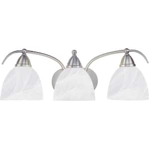 3-Light Indoor Brushed Nickel Bath or Vanity Light Wall Mount or Wall Sconce with Alabaster Glass Bell Shades