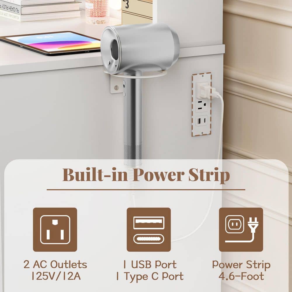 Vanity Desk with Lighted Mirror & Power Outlet, Makeup Vanity with Drawer & Cabinet White - thumbnail 4
