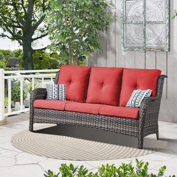 Opohoro ArcoBay Metal and Gray Wicker Outdoor 3-Seat Sectional Couch Sofa with Olefin Red Cushions