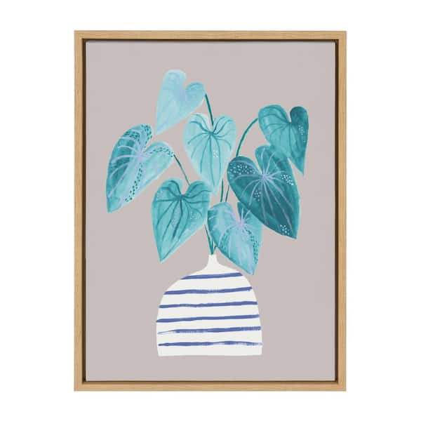 Kate and Laurel Sylvie Minimal Houseplant in Stripey Vase Gray by Laura Irwin Framed Canvas Plant Art Print 24 in. x 18 in. .