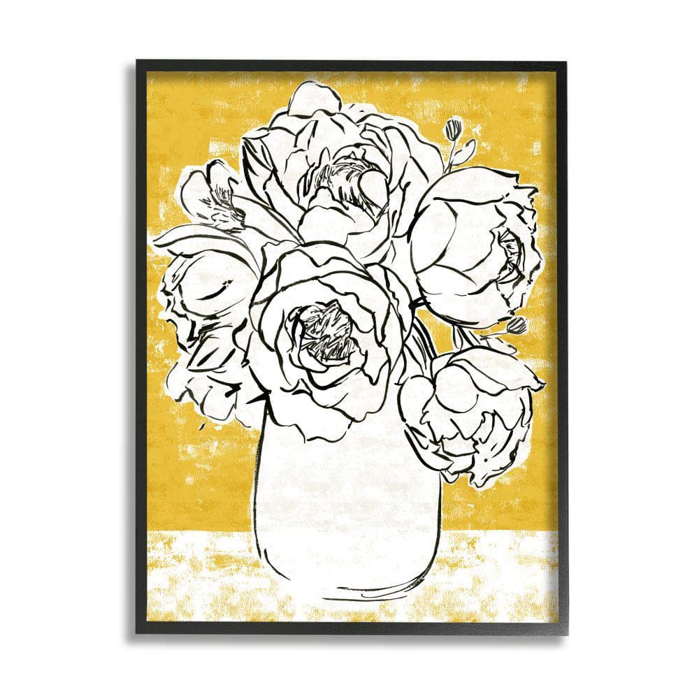 Stupell Industries Peony Sketch Bouquet Contrasted Distressed Yellow by Annie Warren Framed Nature Texturized Art Print 16 in. x 20 in.