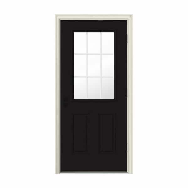 JELD-WEN 30 in. x 80 in. 9 Lite Black Painted w/ White Interior Steel Prehung Left-Hand Outswing Entry Door w/Brickmould