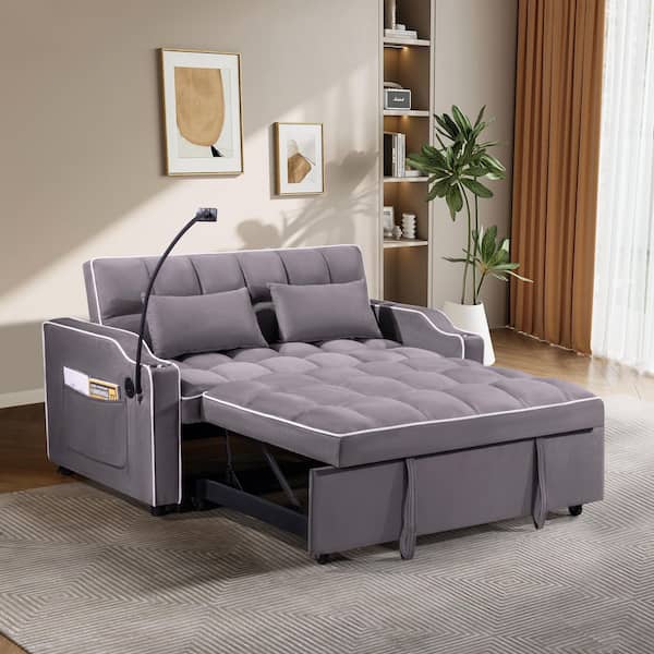 Lirago 55 in. Grey-White Suede Twin Size Sofa Bed with USB Port, Ashtray and Swivel Phone Stand