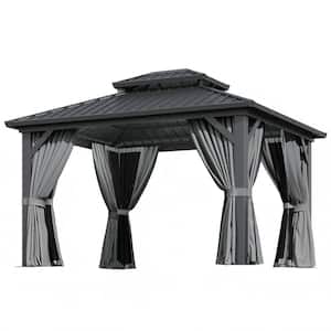 10 ft. x 10 ft. Brown Outdoor Dual-Layer Galvanized Steel Gazebo with Netting and Curtains for Garden, Patio, Lawns