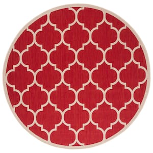Courtyard Red/Bone 7 ft. x 7 ft. Moroccan Geometric Indoor/Outdoor Patio  Round Area Rug