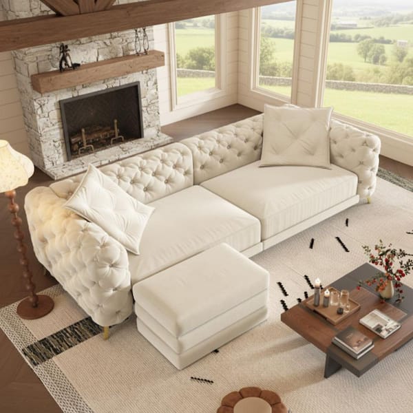 SPQB 97.7 in. Tufted Arm 3-Piece Velvet Convertible with Ottoman Pull-out Sleeper Sectional Sofa in Ivory Beige