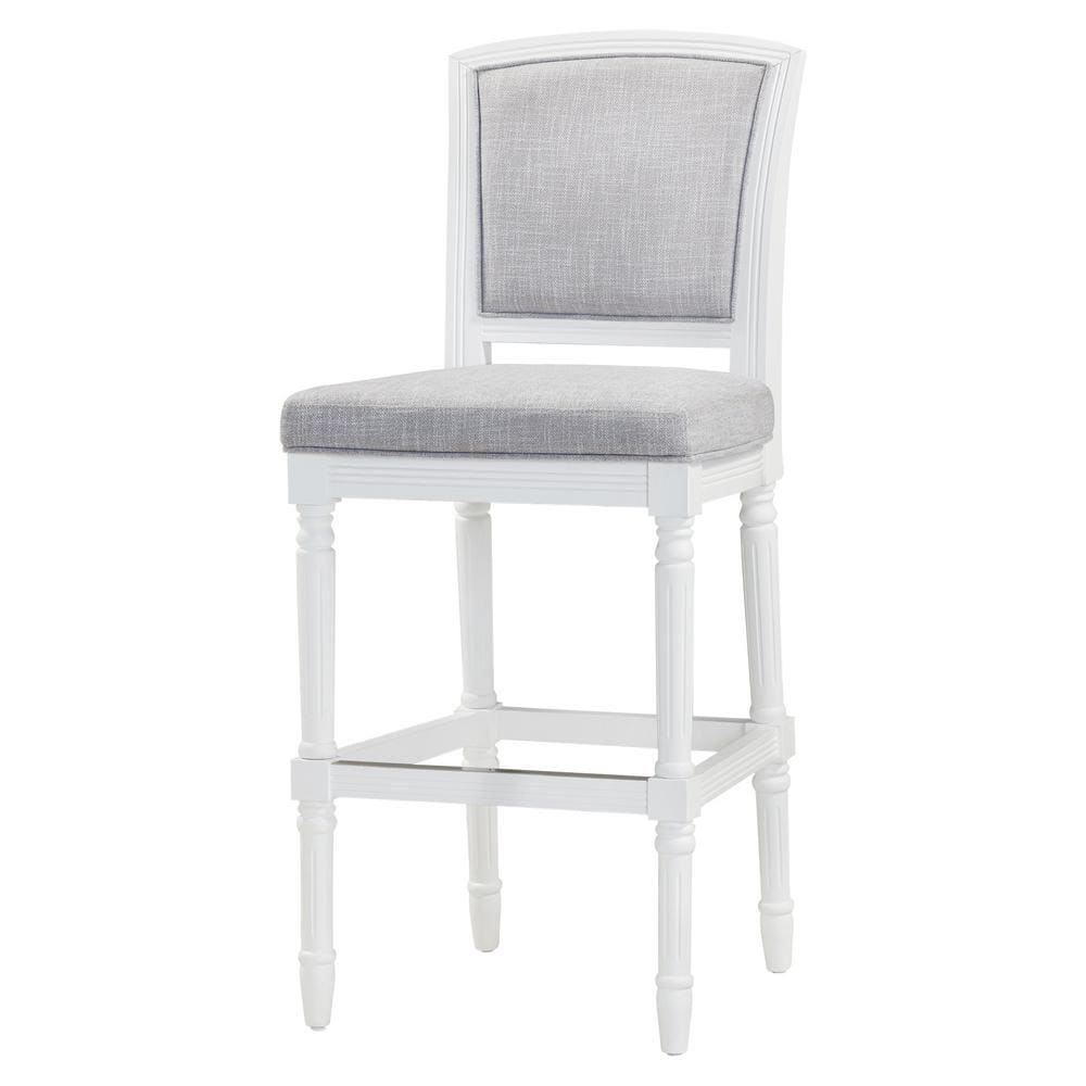 Charleston 31in. Bar-Height White Wood Bar Stool with Gray Upholstered Seat
