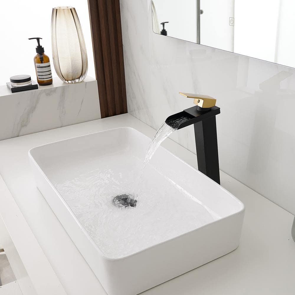 Matte Black and Gold Single Handle Waterfall Vessel Faucet