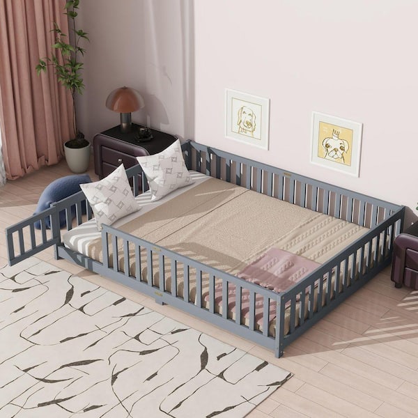 Qualler Gray Rubber Wood Frame Queen Size Platform Bed with Fence, Door ...