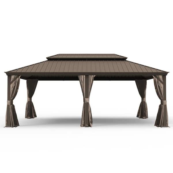 14 ft. x 24 ft. Brown Outdoor Hardtop Gazebo with Dual-Layer Galvanized Steel Roof, Aluminum Frame, Curtains & Netting
