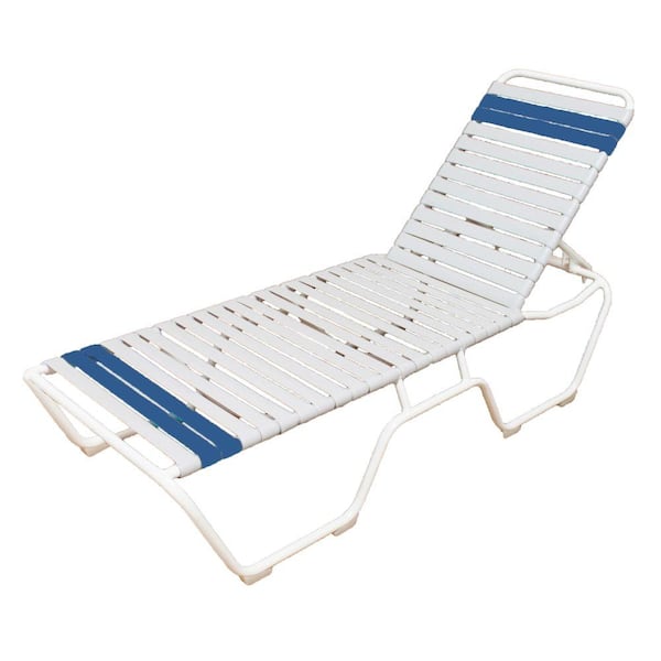 Unbranded Marco Island White Commercial Grade Aluminum Vinyl Strap Outdoor Chaise Lounge in White and Blue (2-Pack)